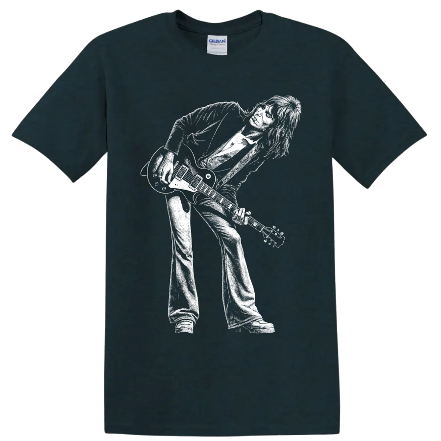 High-contrast Jimmy Page guitarist stage performance portrait graphic on a Midnight (Green) T Shirt