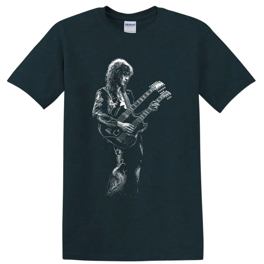 White Jimmy Page guitarist silhouette playing electric guitar in minimalist rock style on a Midnight (Green) T Shirt