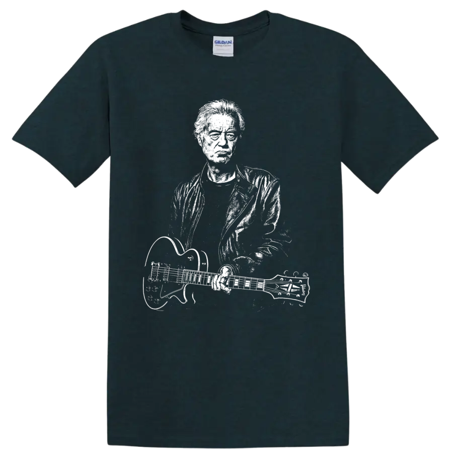 Jimmy Page Led Zeppelin guitarist with double-neck guitar silhouette graphic on a Midnight (Green) T Shirt