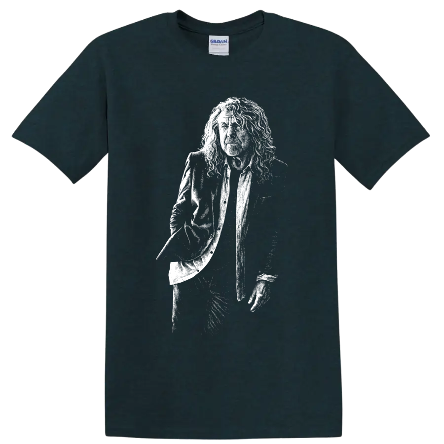 Monochrome Robert Plant holding microphone portrait in vintage rock illustration style on a Midnight (Green) T Shirt