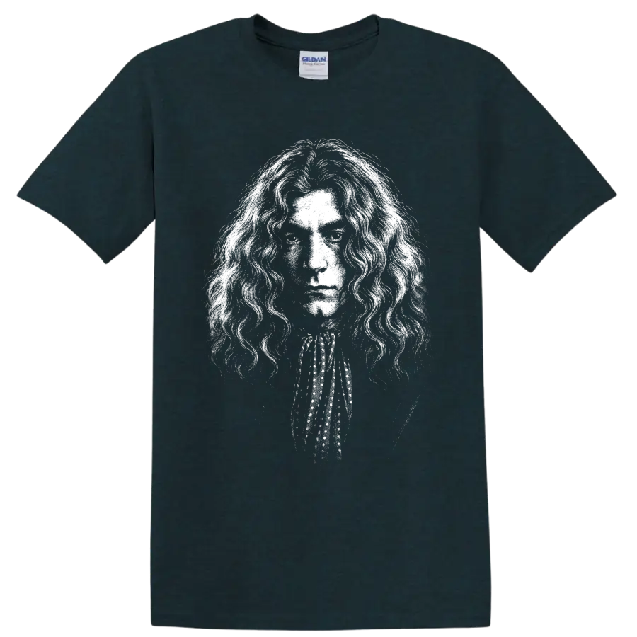 High-contrast black-and-white Robert Plant Led Zeppelin singer portrait on a Midnight (Green) T Shirt