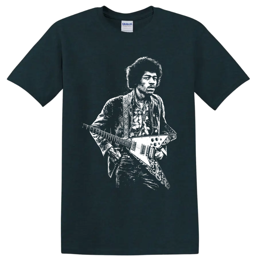 Jimi Hendrix guitarist portrait with guitar in high-contrast retro rock style on a Midnight (Green) T Shirt