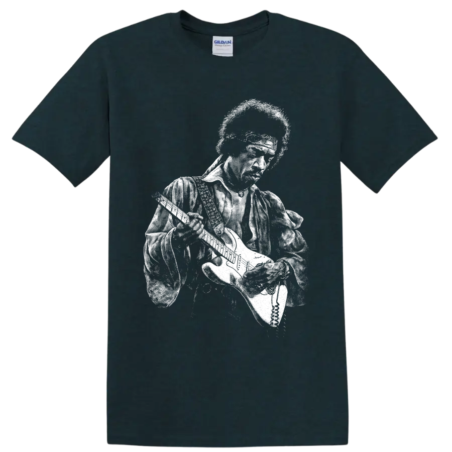High-contrast Jimi Hendrix guitarist portrait in vintage rock poster style on a Midnight (Green) T Shirt