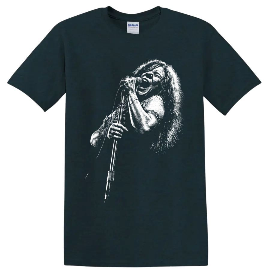 Janis Joplin monochrome portrait in a bold rock and blues music graphic style on a Midnight (Green) T Shirt