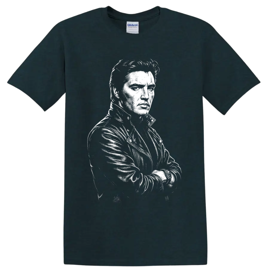 Elvis Presley black-and-white vintage-style rock and roll portrait graphic on a Midnight (Green) T Shirt