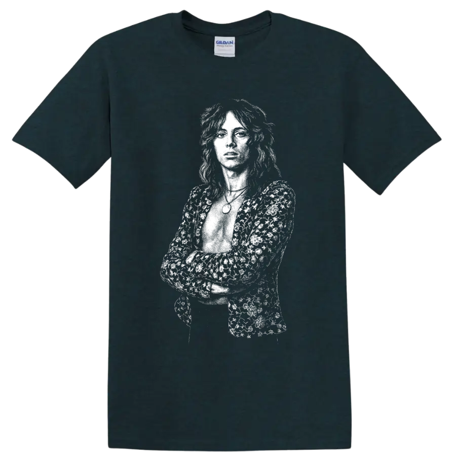 High-contrast Roger Taylor of Queen drummer portrait in monochrome rock art style on a Midnight (Green) T Shirt