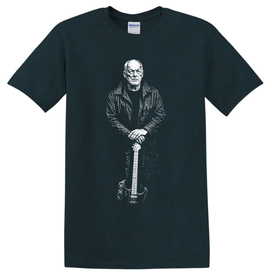 High-contrast David Gilmour guitarist portrait in a bold monochrome rock graphic style on a Midnight (Green) T Shirt