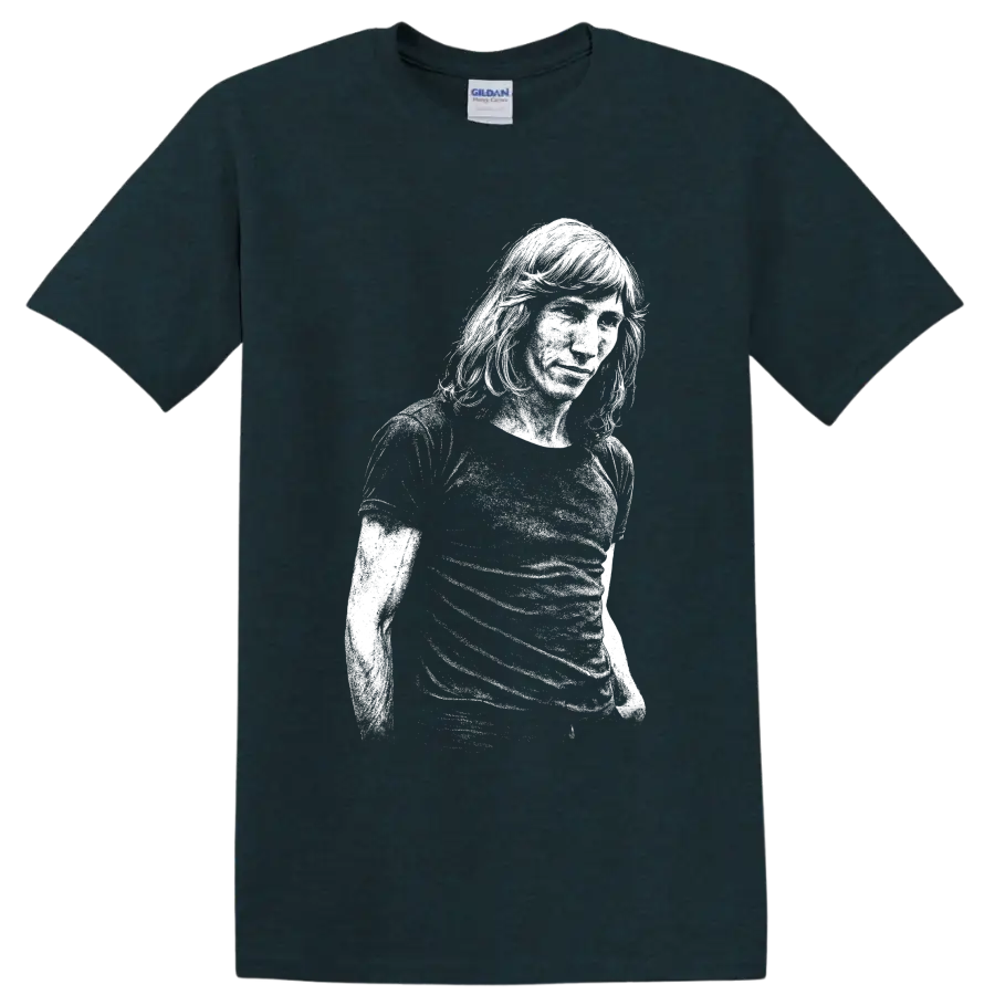 High-contrast Roger Waters Pink Floyd portrait with bass in vintage rock style on a Midnight (Green) T Shirt
