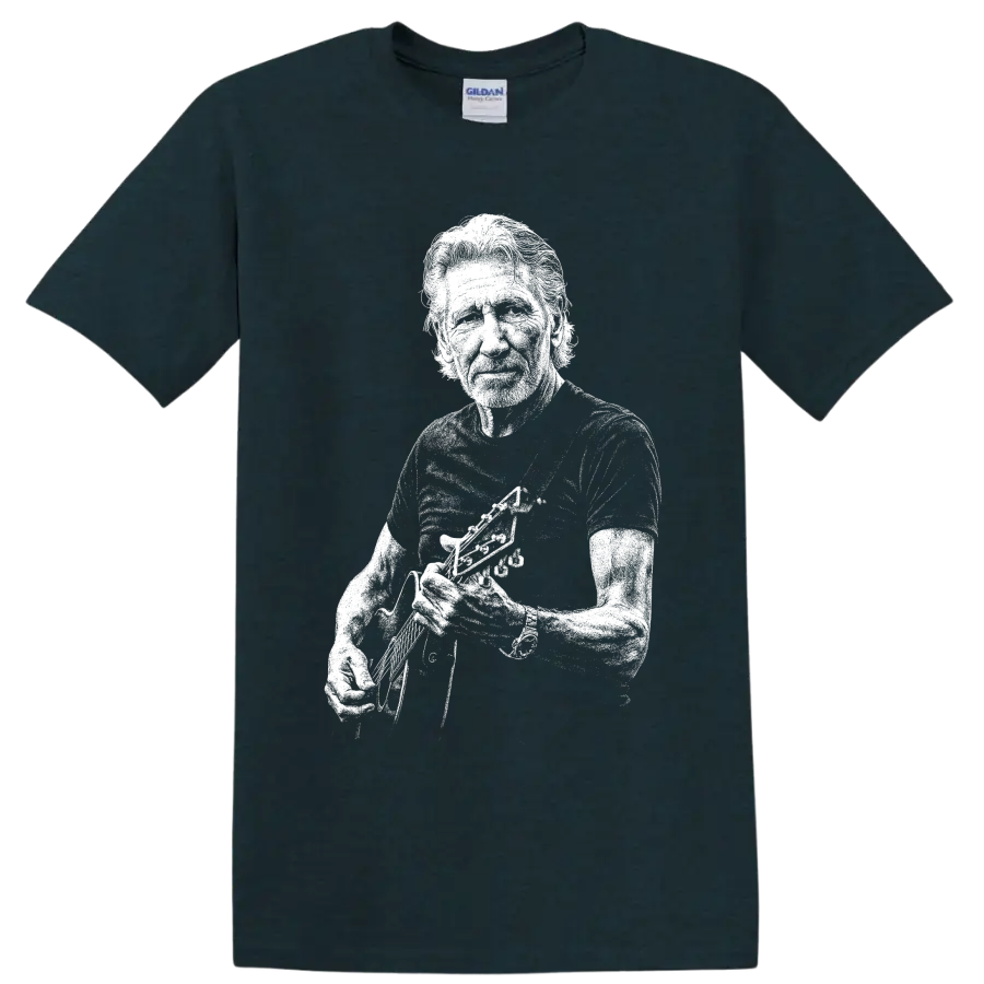 Monochrome Roger Waters Pink Floyd musician portrait holding an instrument on a Midnight (Green) T Shirt