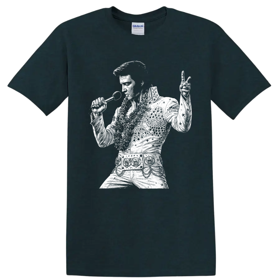 Elvis Presley performing with microphone in bold white rock and roll silhouette on a Midnight (Green) T Shirt