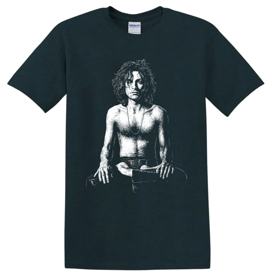 High-contrast Syd Barrett portrait graphic in a bold monochrome rock art style on a Midnight (Green) T Shirt