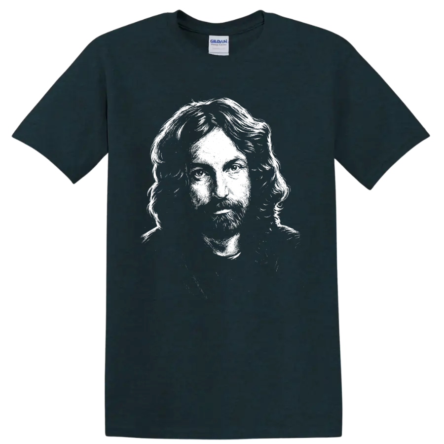 High-contrast Nick Mason portrait in bold monochrome classic rock graphic style on a Midnight (Green) T Shirt