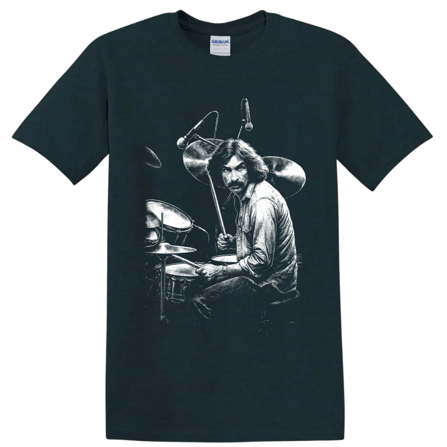 High-contrast Nick Mason Pink Floyd drummer illustration behind a full drum kit on a Midnight (Green) T Shirt