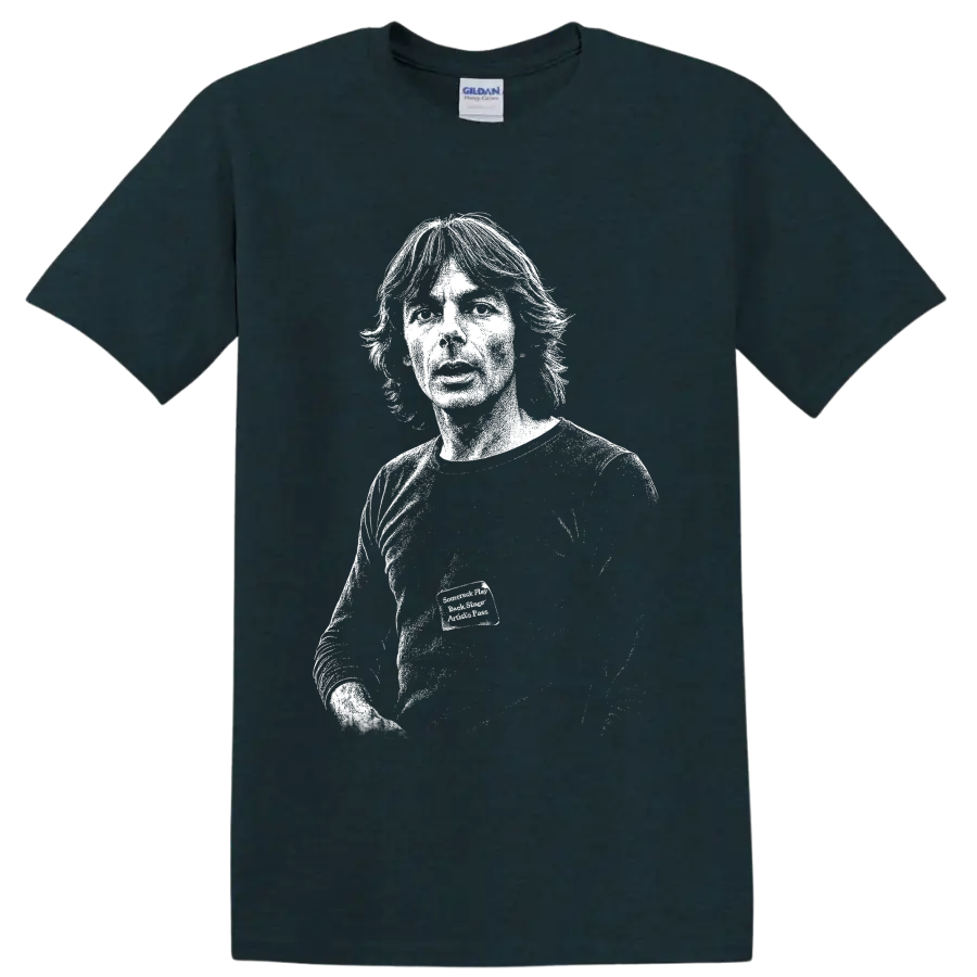 High-contrast Richard Wright portrait playing keyboard in a monochrome music tribute on a Midnight (Green) T Shirt