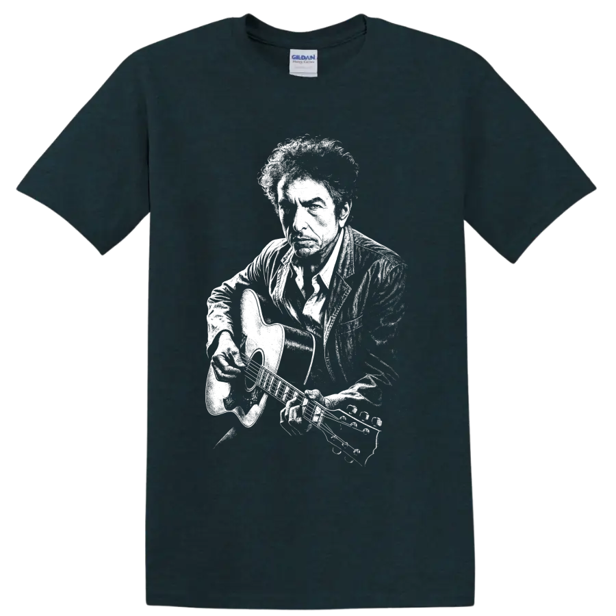 Bob Dylan guitar portrait in bold high-contrast monochrome graphic style on a Midnight (Green) T Shirt