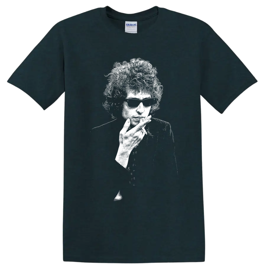 High-contrast Bob Dylan portrait in a bold black-and-white graphic style on a Midnight (Green) T Shirt