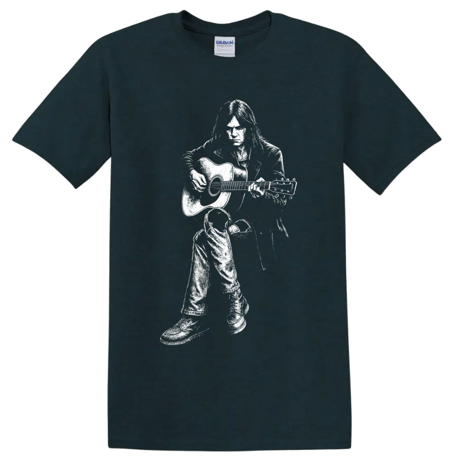 High-contrast white Neil Young guitarist silhouette in a bold classic rock style on a Midnight (Green) T Shirt