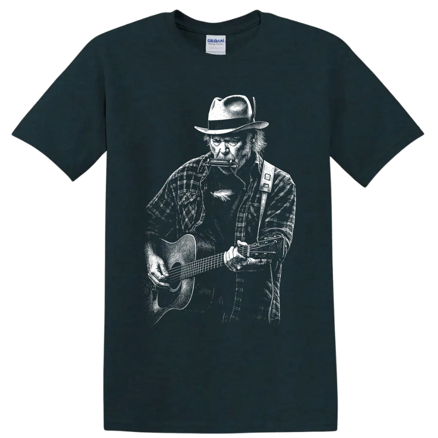 Neil Young guitarist portrait in bold black-and-white ink illustration style on a Midnight (Green) T Shirt