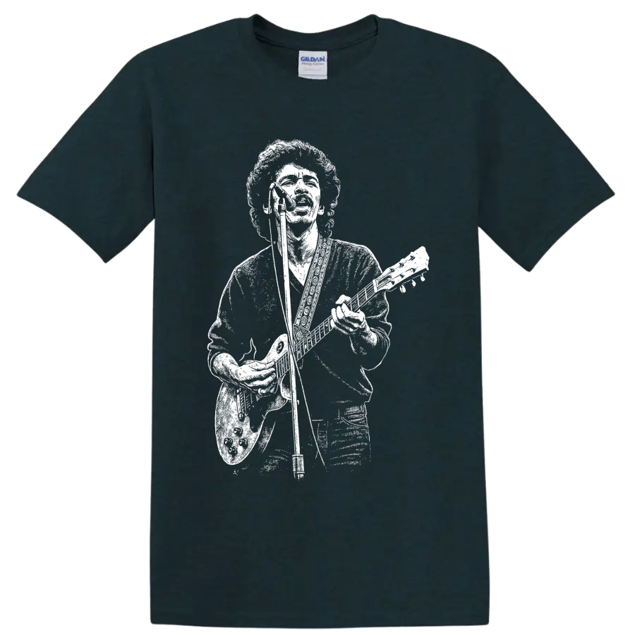 Carlos Santana seated guitarist portrait in high-contrast monochrome illustration on a Midnight (Green) T Shirt