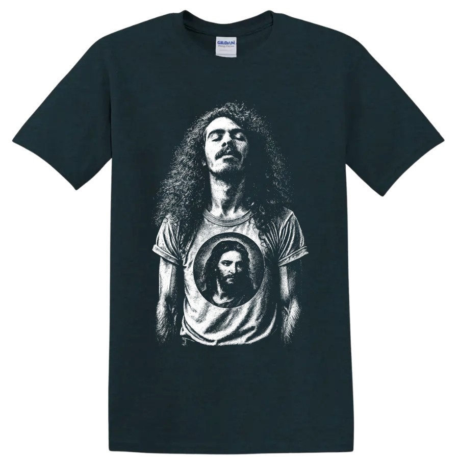 Carlos Santana guitarist silhouette graphic in a bold minimalist concert style on a Midnight (Green) T Shirt