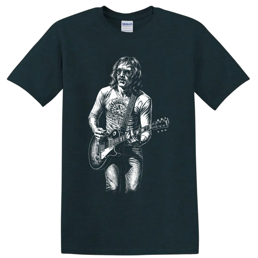 Mick Taylor guitar portrait in bold monochrome rock poster style on a Midnight (Green) T Shirt