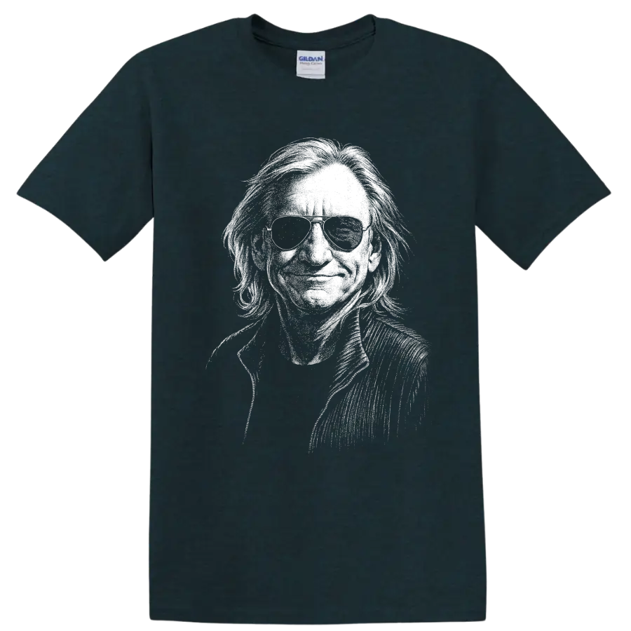 High-contrast monochrome Joe Walsh guitarist portrait holding a guitar on a Midnight (Green) T Shirt