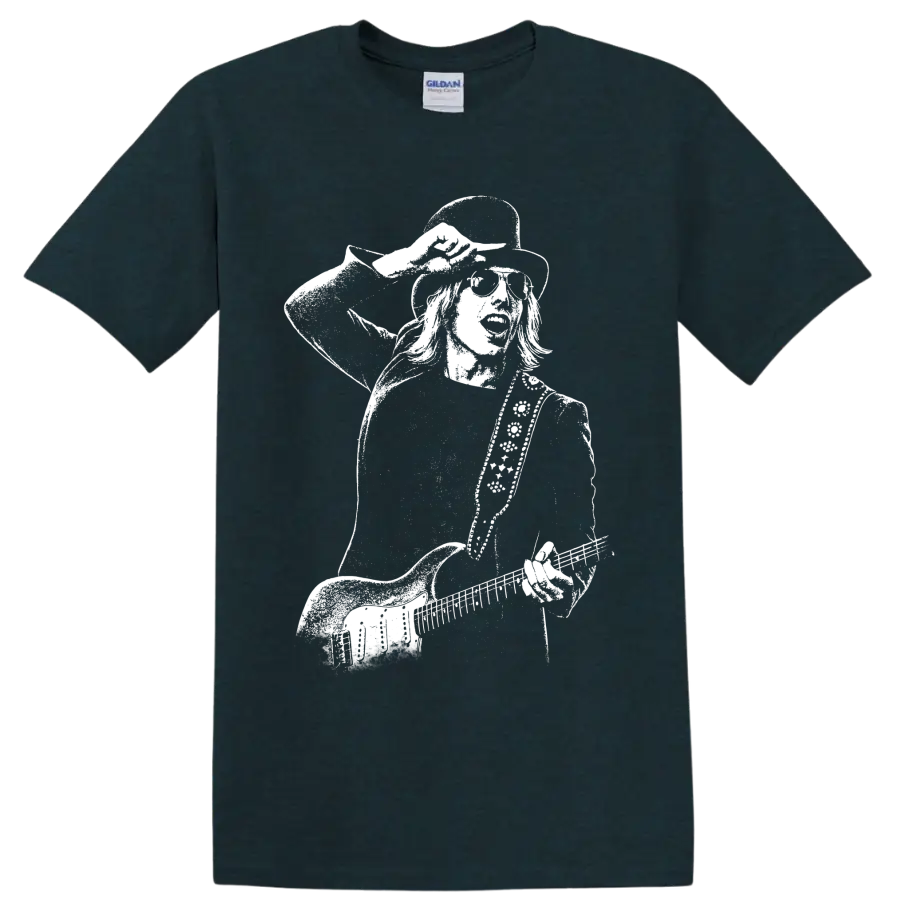 Tom Petty guitar portrait in high-contrast black-and-white vintage rock style on a Midnight (Green) T Shirt
