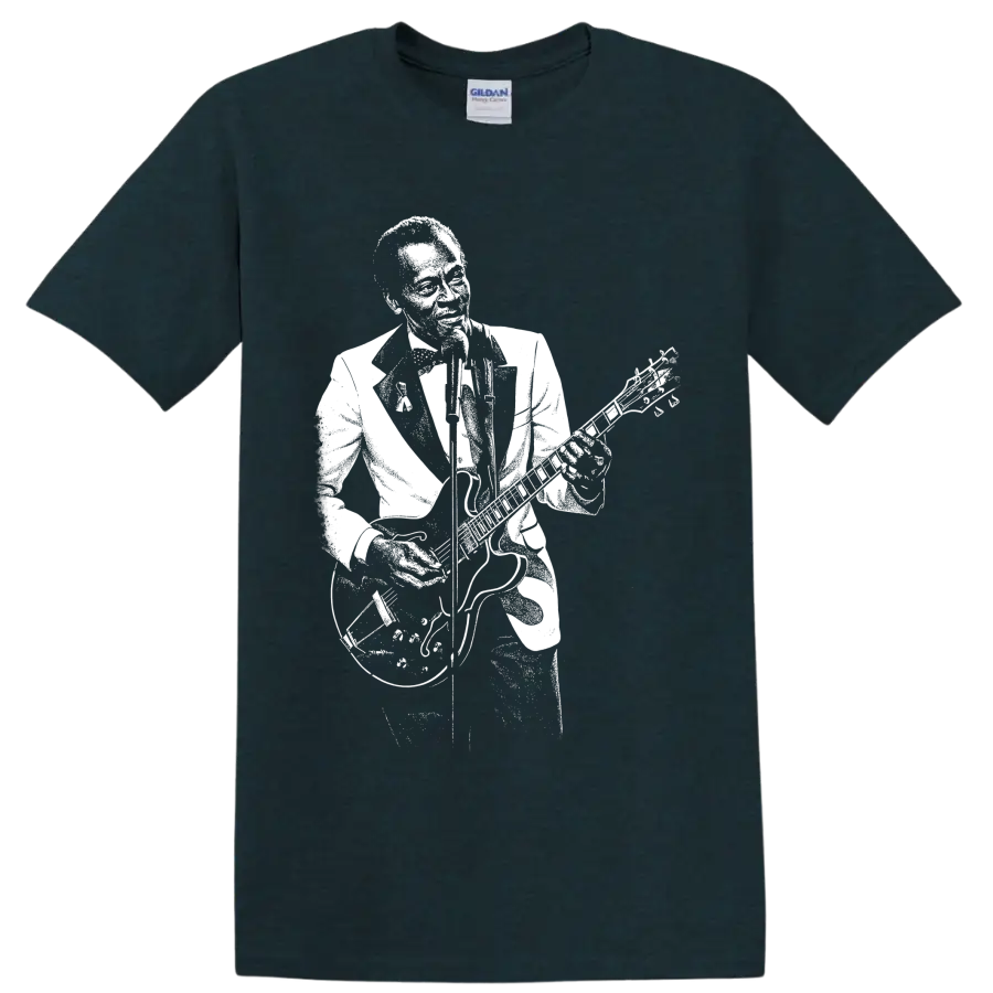 Chuck Berry playing guitar in a bold vintage-inspired white silhouette graphic on a Midnight (Green) T Shirt