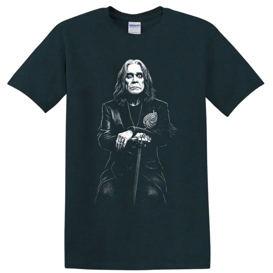 Ozzy Osbourne Black Sabbath inspired monochrome singer portrait illustration on a Midnight (Green) T Shirt