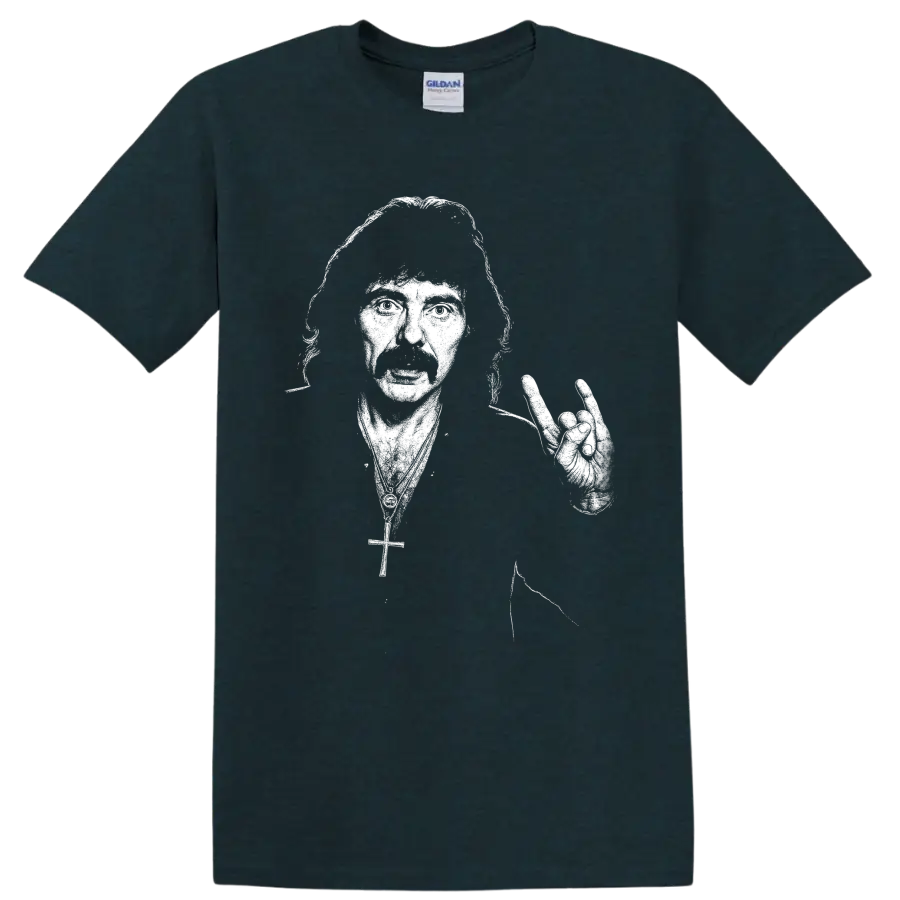 Tony Iommi Black Sabbath guitarist silhouette with electric guitar on a Midnight (Green) T Shirt