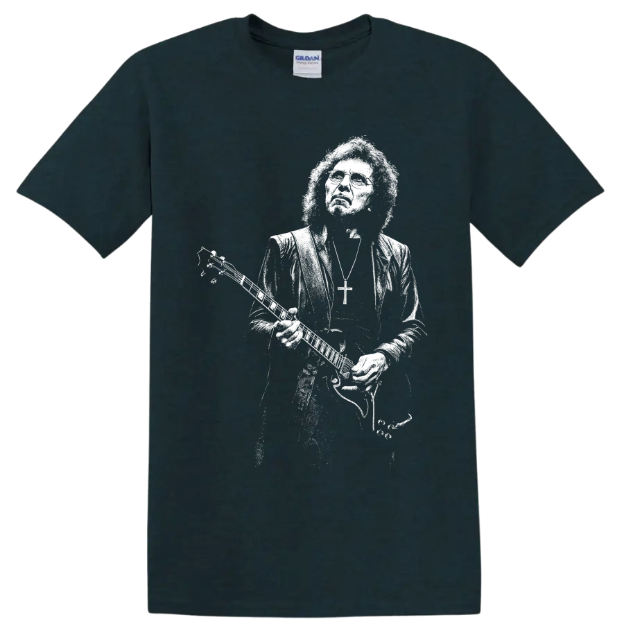 Tony Iommi holding guitar in bold monochrome Black Sabbath-inspired portrait art on a Midnight (Green) T Shirt