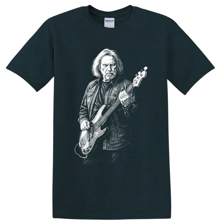 Monochrome Geezer Butler bass guitar performance silhouette graphic on a Midnight (Green) T Shirt