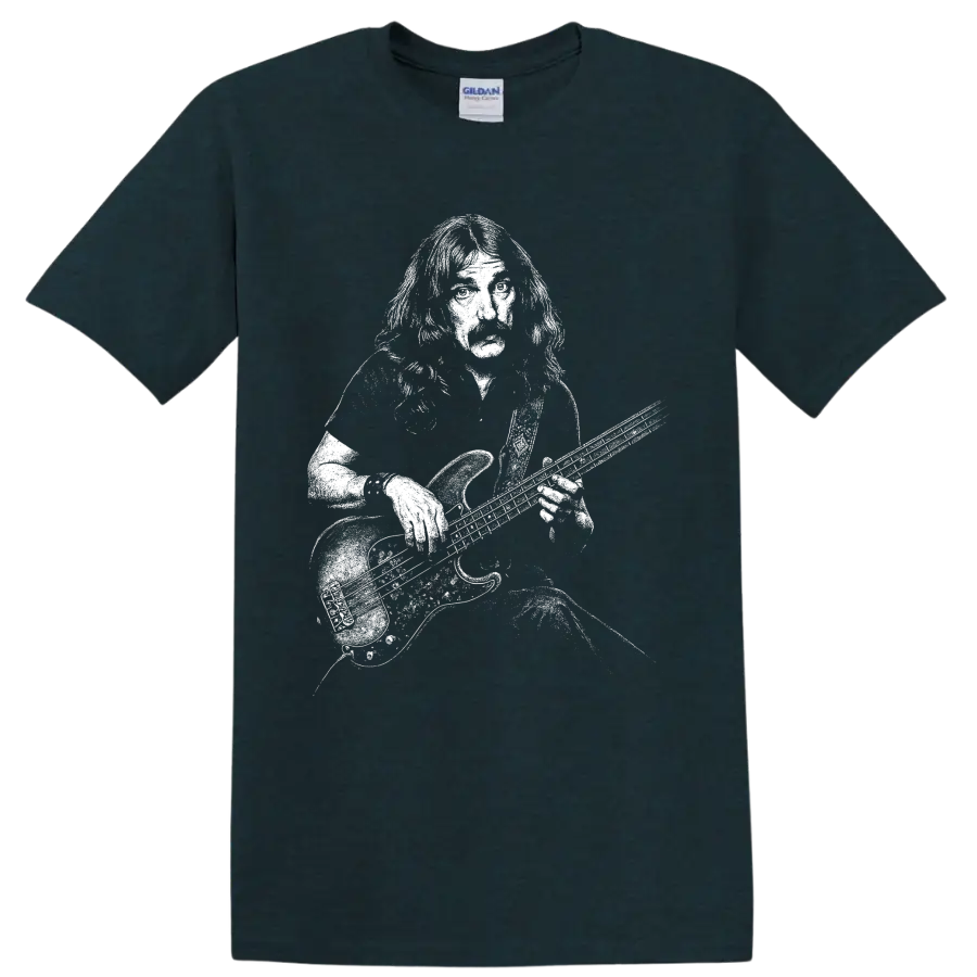 Geezer Butler Black Sabbath bassist portrait in bold black-and-white rock art on a Midnight (Green) T Shirt