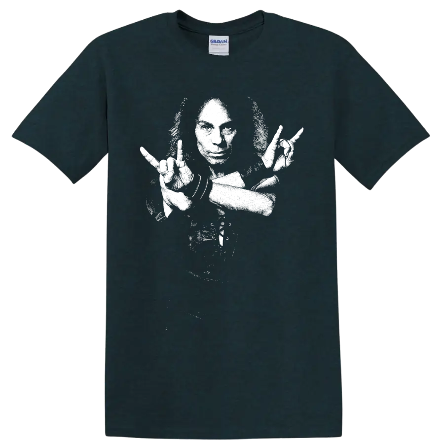 White high-contrast Ronnie James Dio fantasy-inspired heavy metal illustration on a Midnight (Green) T Shirt