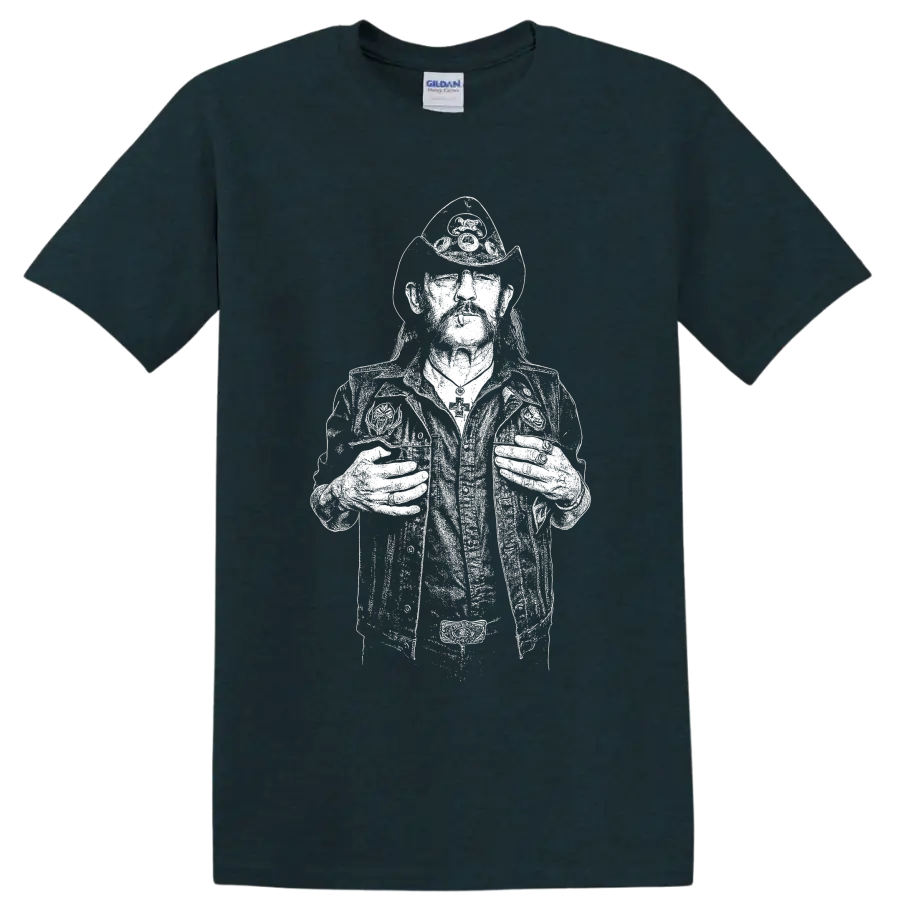 Monochrome Lemmy Kilmister portrait in a bold high-contrast graphic style on a Midnight (Green) T Shirt