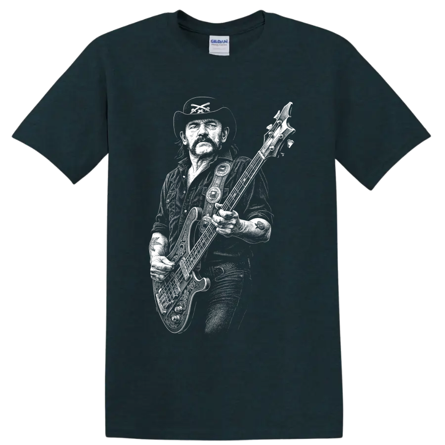 White Lemmy Kilmister silhouette with bass guitar and microphone rock tribute artwork on a Midnight (Green) T Shirt