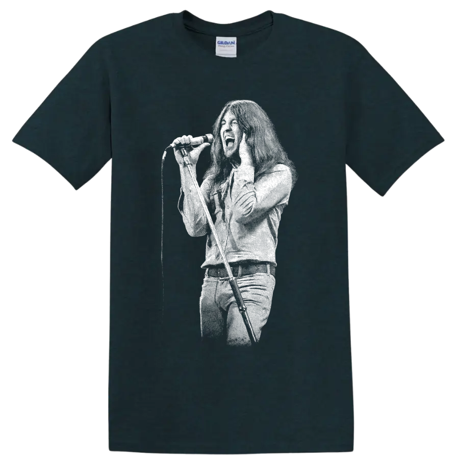 Ian Gillan singing into microphone in bold white silhouette rock portrait on a Midnight (Green) T Shirt