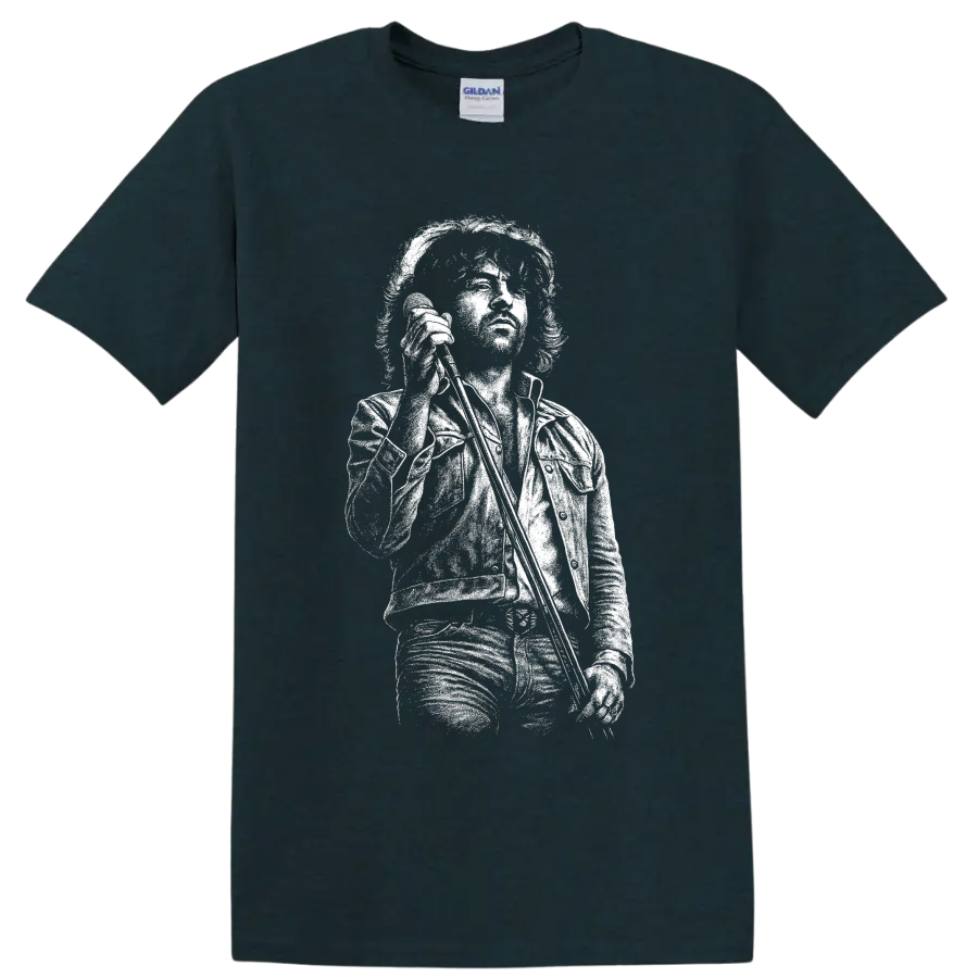High-contrast Ian Gillan portrait in a monochrome classic rock illustration on a Midnight (Green) T Shirt