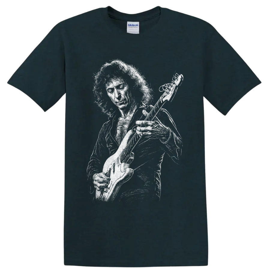 High-contrast Ritchie Blackmore guitarist portrait with electric guitar on a Midnight (Green) T Shirt