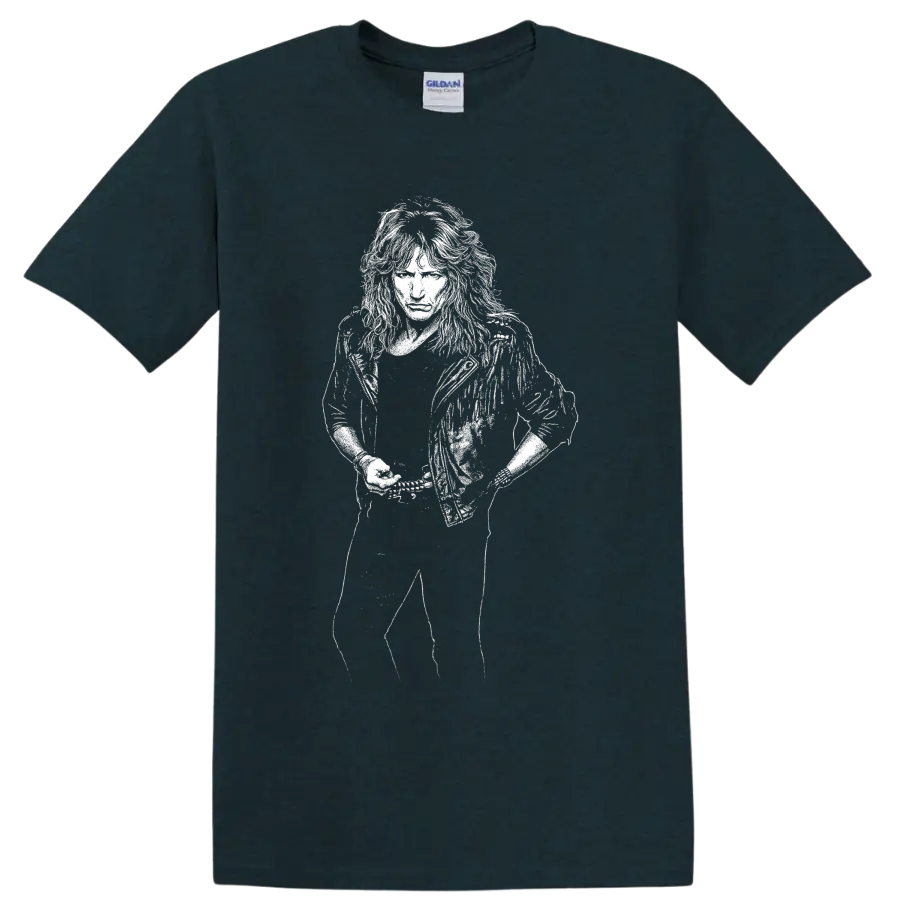 High-contrast monochrome portrait of David Coverdale performing on a Midnight (Green) T Shirt