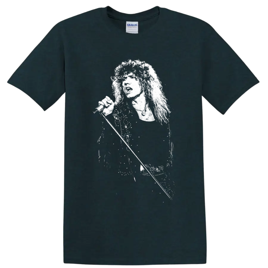 High-contrast David Coverdale portrait in a dramatic monochrome rock art style on a Midnight (Green) T Shirt