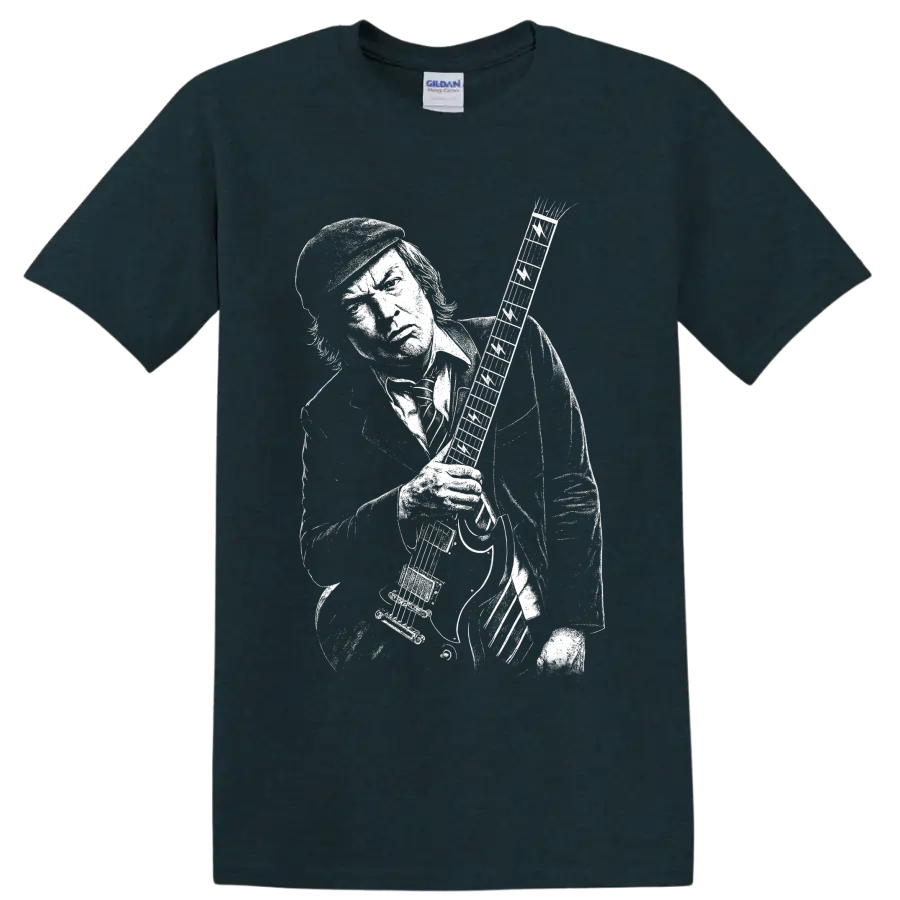 Angus Young AC/DC guitarist black-and-white portrait with electric guitar on a Midnight (Green) T Shirt
