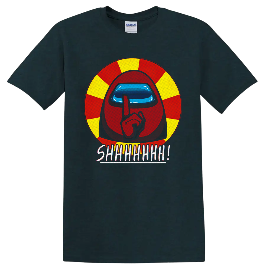 Among Us Red Crewmate shushing in red and yellow circle with SHHHHHH lettering on a Midnight (Green) T Shirt