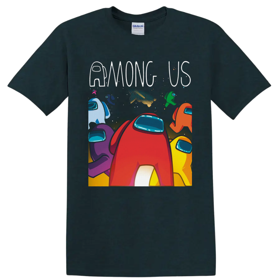 Colorful Among Us Crewmates graphic with red character, stars, spacecraft, and AMONG US on a Midnight (Green) T Shirt