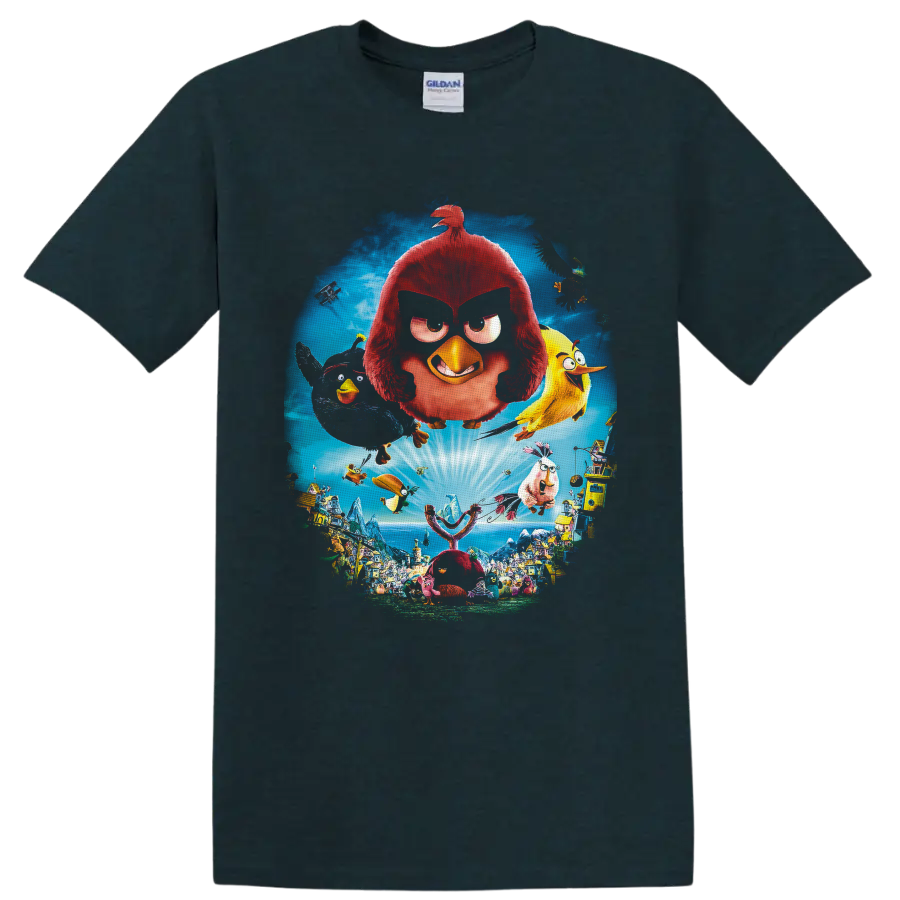 Angry Birds island adventure with flying birds, giant slingshot, and colorful village on a Midnight (Green) T Shirt
