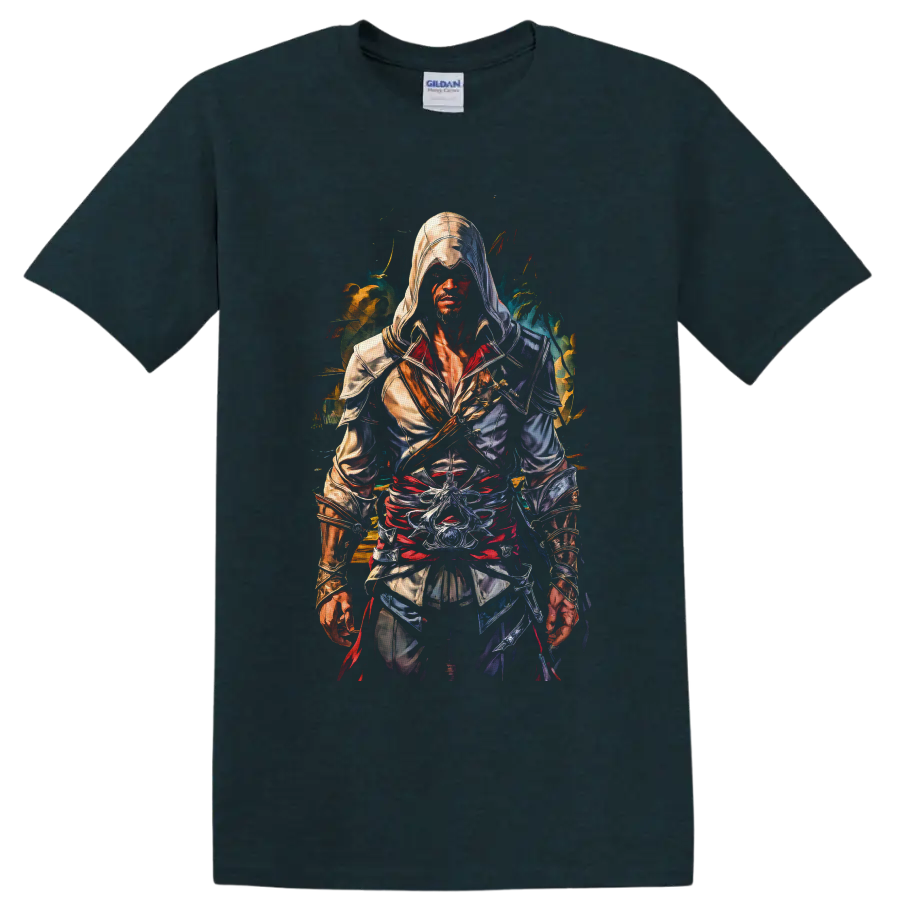 Bayek Assassin's Creed hooded warrior in vivid painterly action art on a Midnight (Green) T Shirt