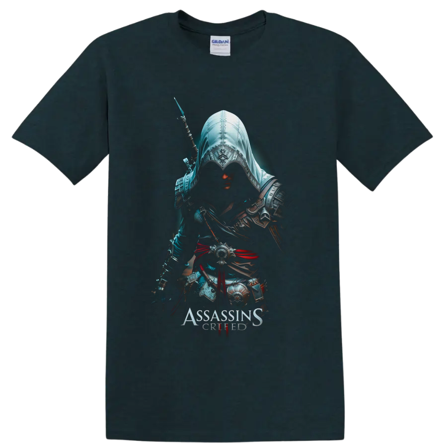 Assassin's Creed hooded Assassin warrior with ornate armor, sword, and red sash on a Midnight (Green) T Shirt