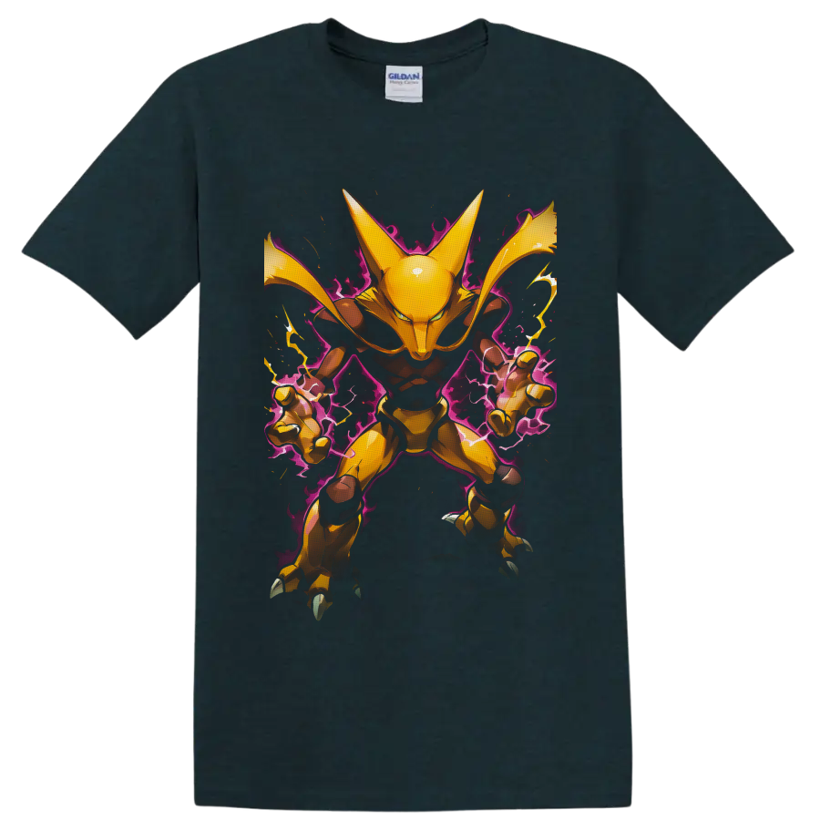 Alakazam in golden anime style with purple psychic energy and lightning on a Midnight (Green) T Shirt