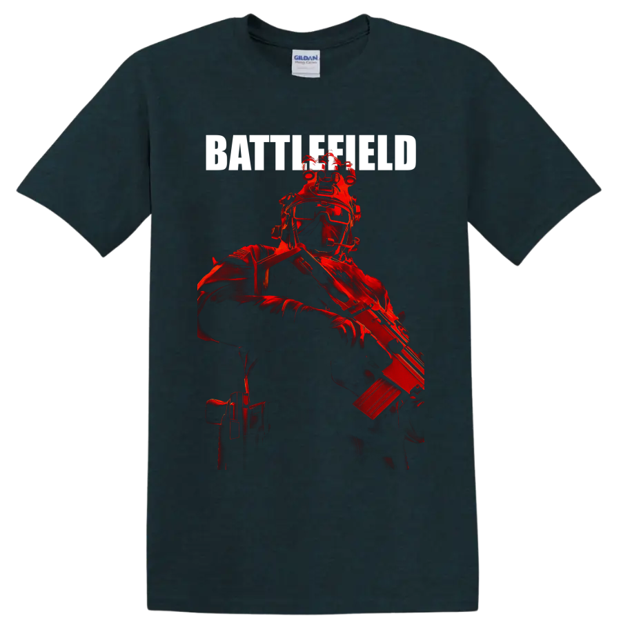 Red tactical Battlefield Soldier illustration with goggles, helmet gear, and rifle on a Midnight (Green) T Shirt