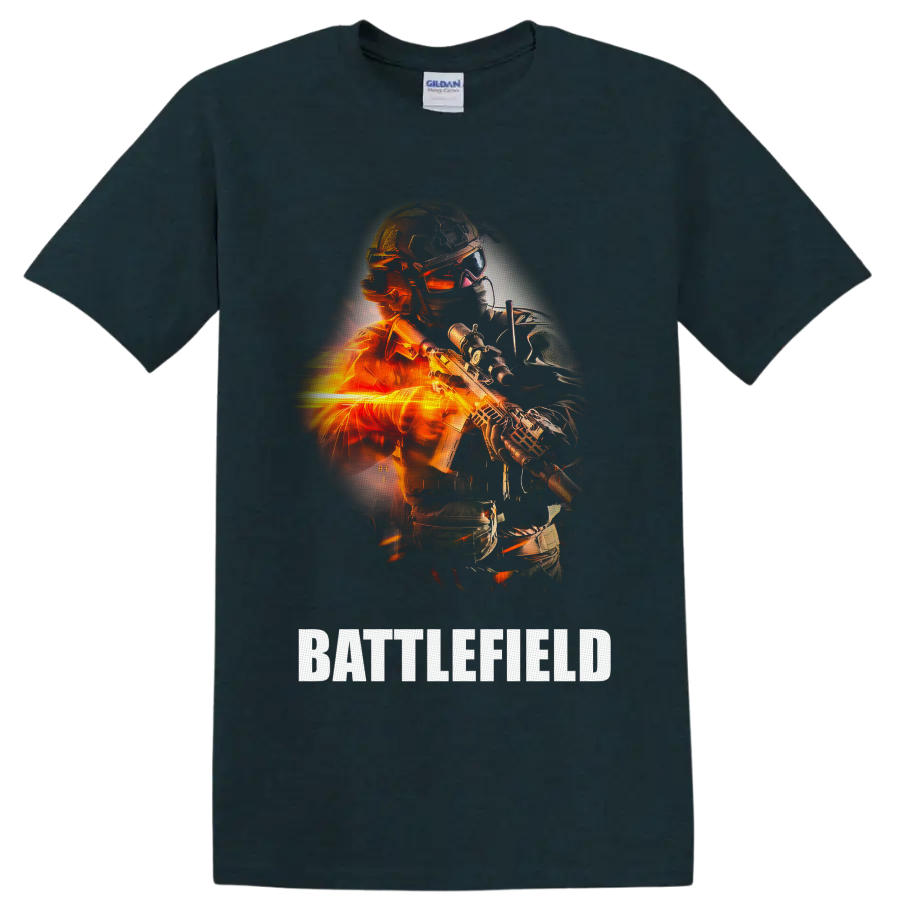 Battlefield Soldier with futuristic rifle, orange fire effects, and BATTLEFIELD text on a Midnight (Green) T Shirt